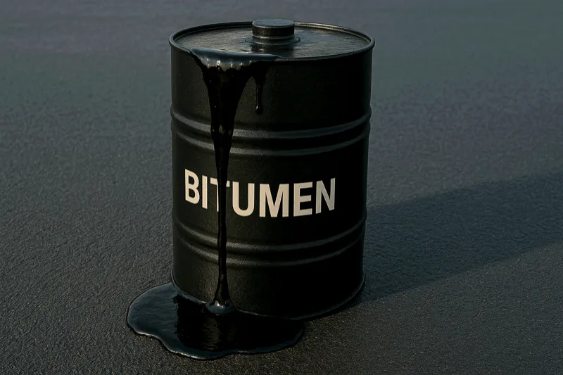Bitumen pouring from a drum onto fresh asphalt