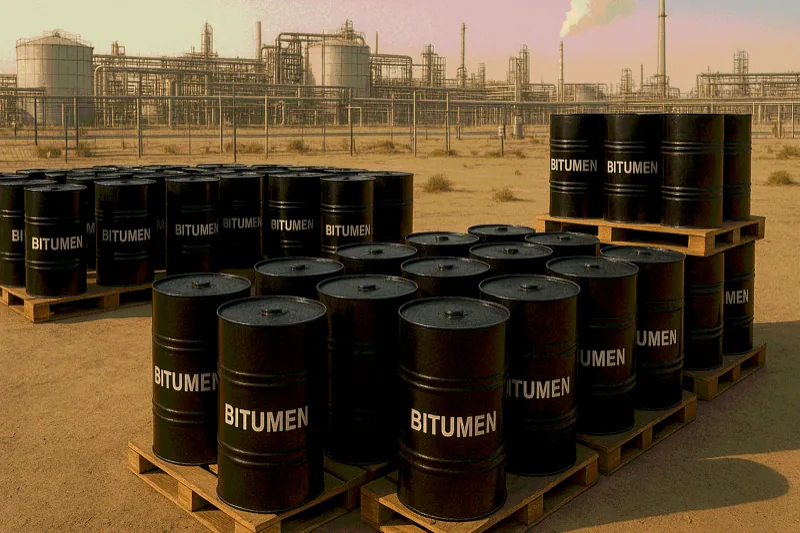 Rows of black bitumen drums stacked on pallets at a refinery yard